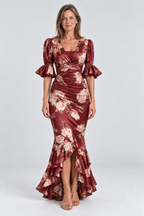 Florence Floral Satin Maxi Dress in Bordeaux Red, front view
