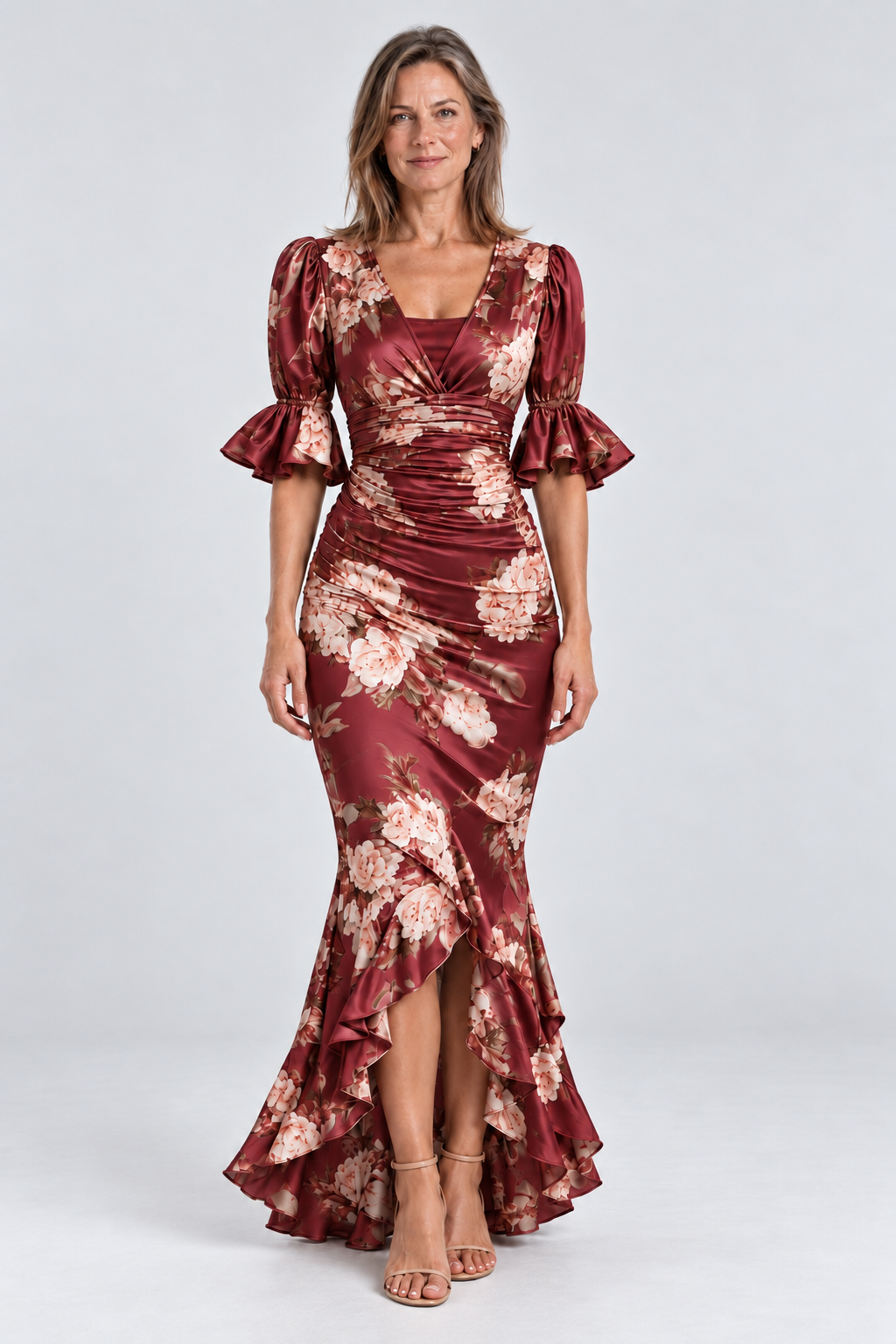 Florence Floral Satin Maxi Dress in Bordeaux Red, front view
