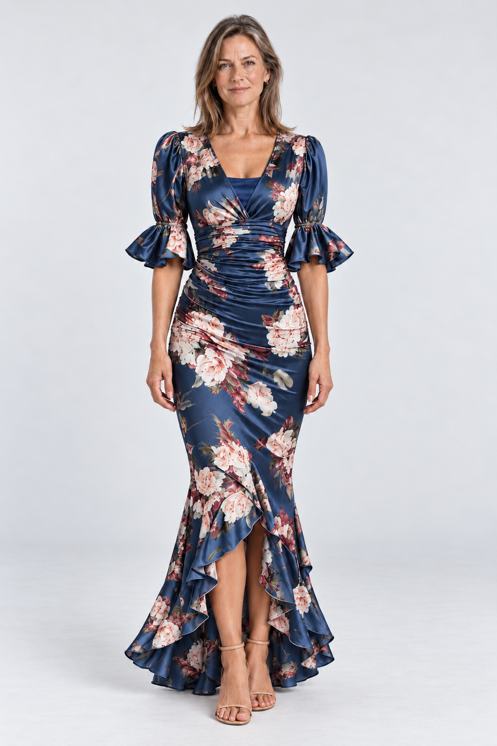Florence Floral Satin Maxi Dress in Midnight Blue, front view