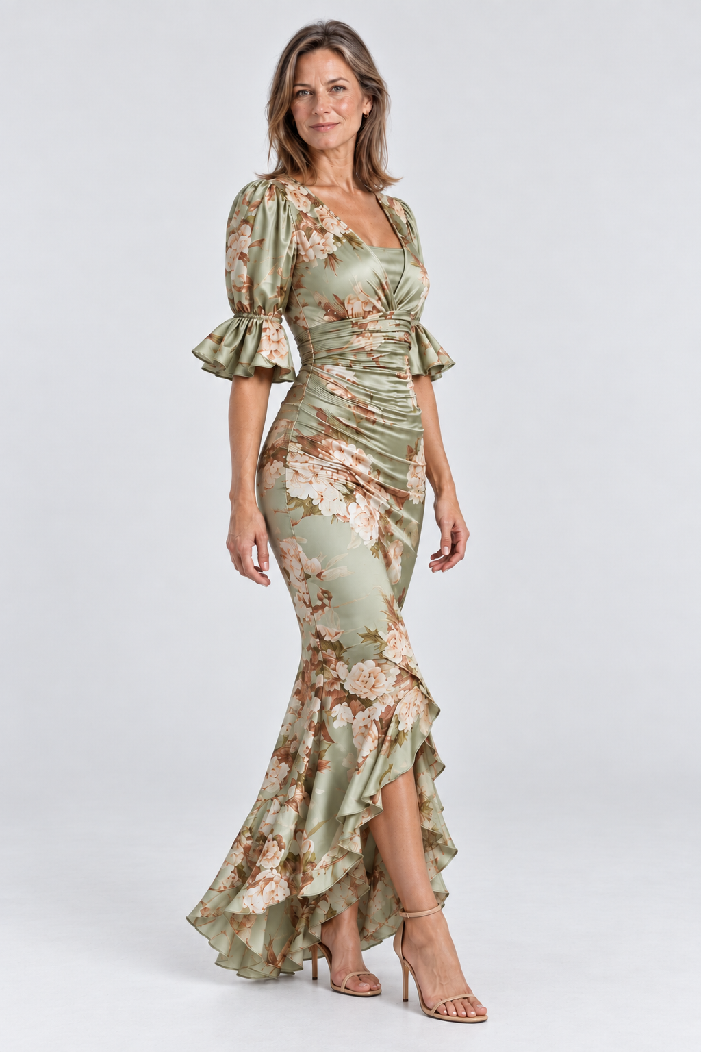 Florence Floral Satin Maxi Dress in Sage Green, 45 degree view