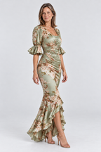 Florence Floral Satin Maxi Dress in Sage Green, 45 degree view