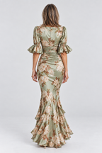 Florence Floral Satin Maxi Dress in Sage Green, back view