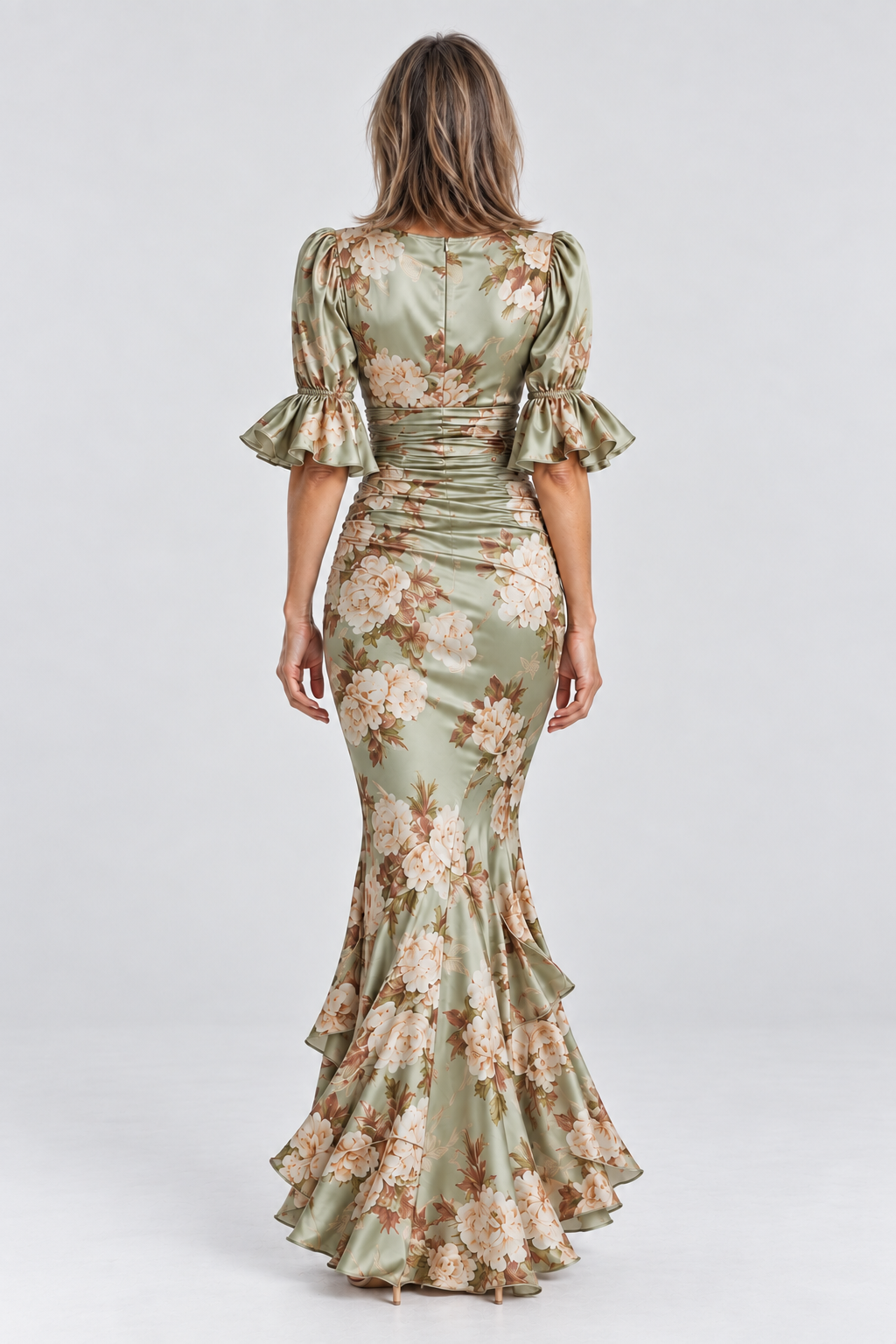 Florence Floral Satin Maxi Dress in Sage Green, back view