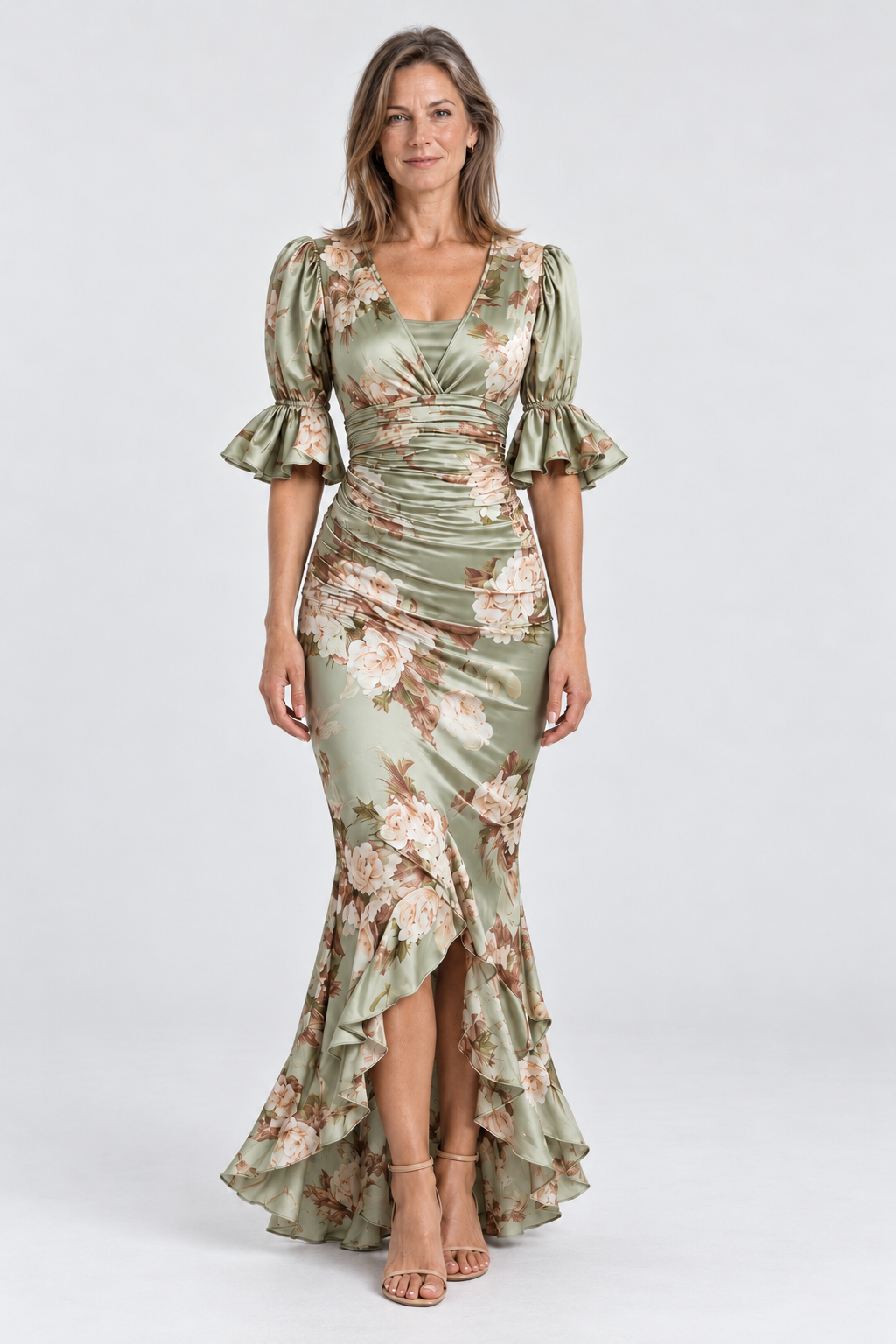 Florence Floral Satin Maxi Dress in Sage Green, front view