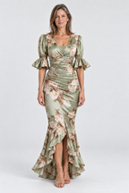 Florence Floral Satin Maxi Dress in Sage Green, front view