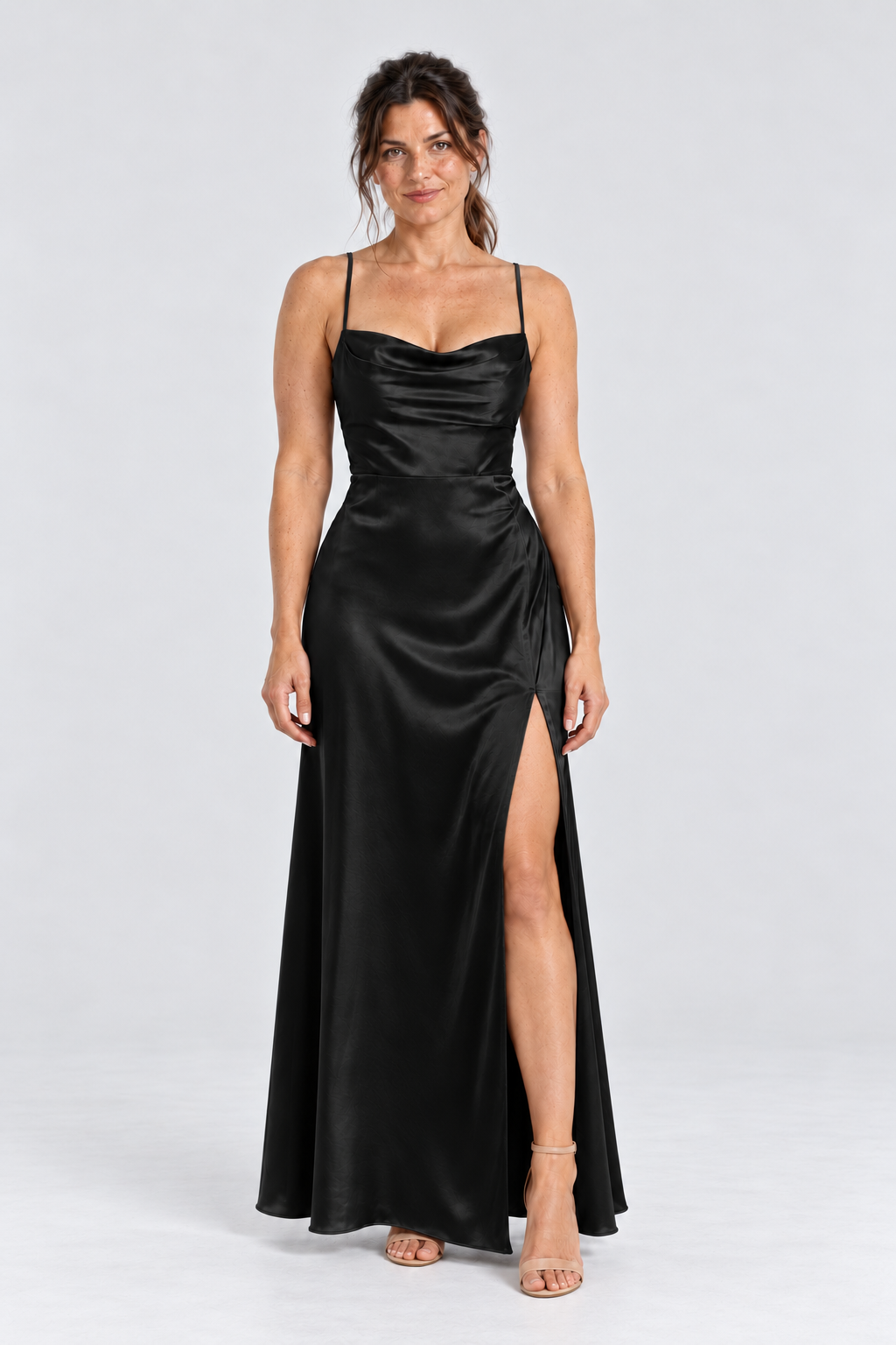 Juliette Cowl-Neck Satin Maxi Dress in Black, front view