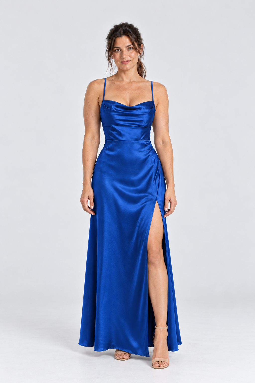 Juliette Cowl-Neck Satin Maxi Dress in Blue, front view