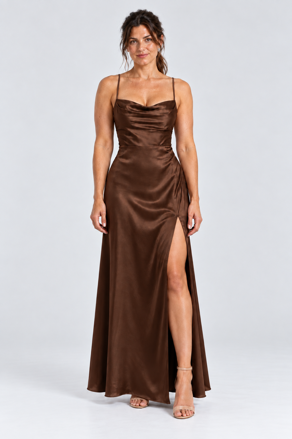 Juliette Cowl-Neck Satin Maxi Dress in Brown, front view