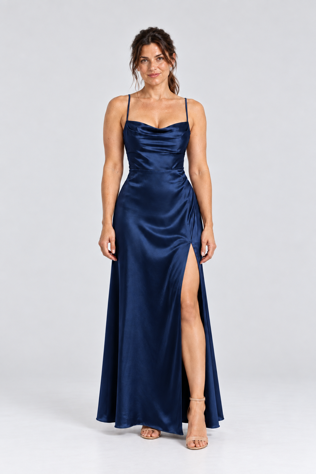Juliette Cowl-Neck Satin Maxi Dress in Dark Blue, front view