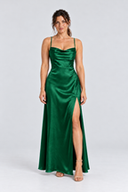 Juliette Cowl-Neck Satin Maxi Dress in Green, front view