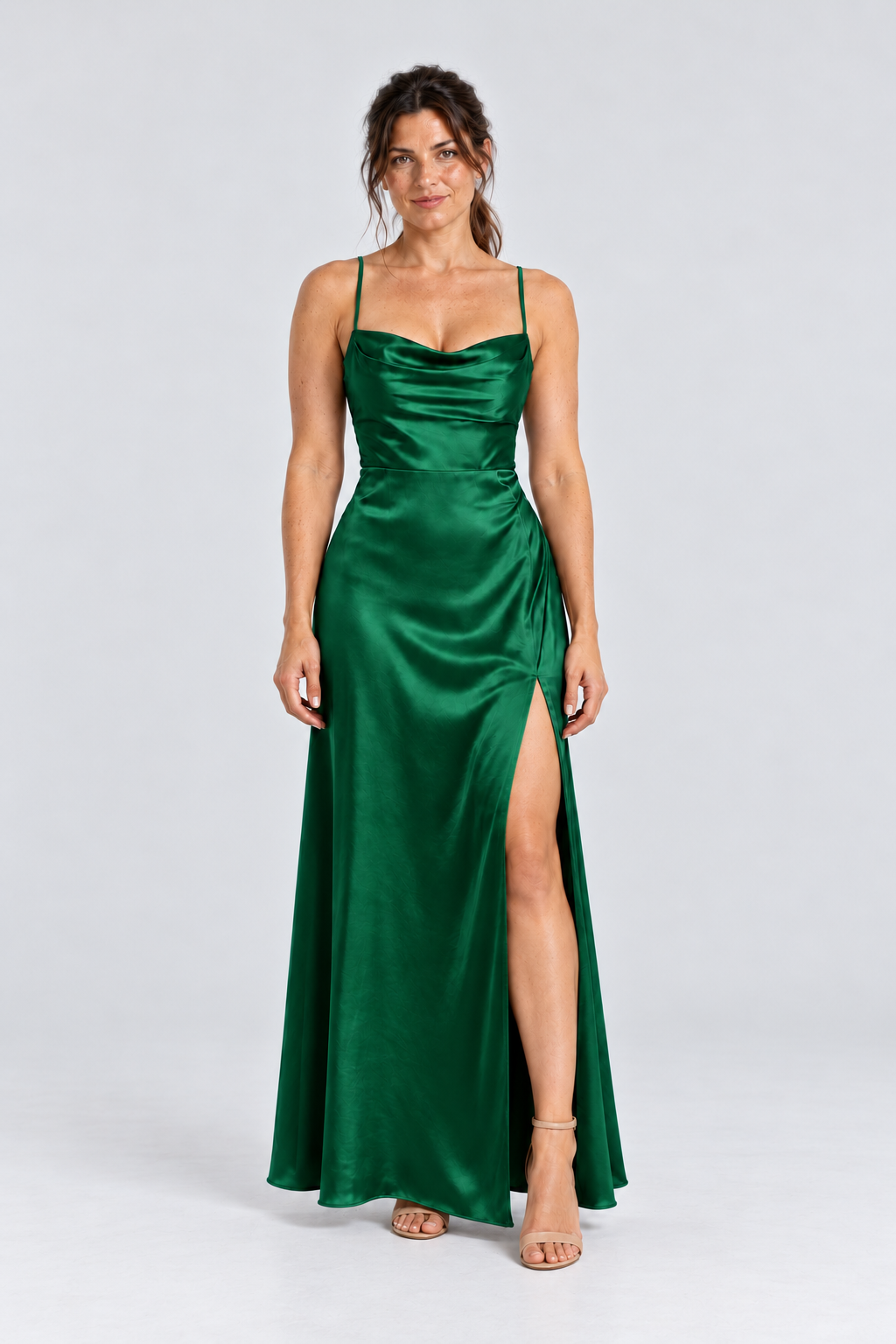 Juliette Cowl-Neck Satin Maxi Dress in Green, front view