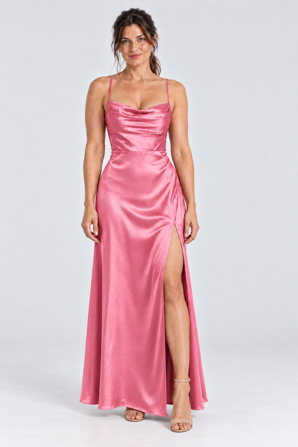 Juliette Cowl-Neck Satin Maxi Dress in Pink, front view