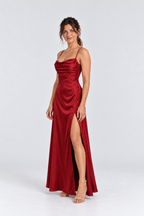 Juliette Cowl-Neck Satin Maxi Dress in Red, 45 degree view