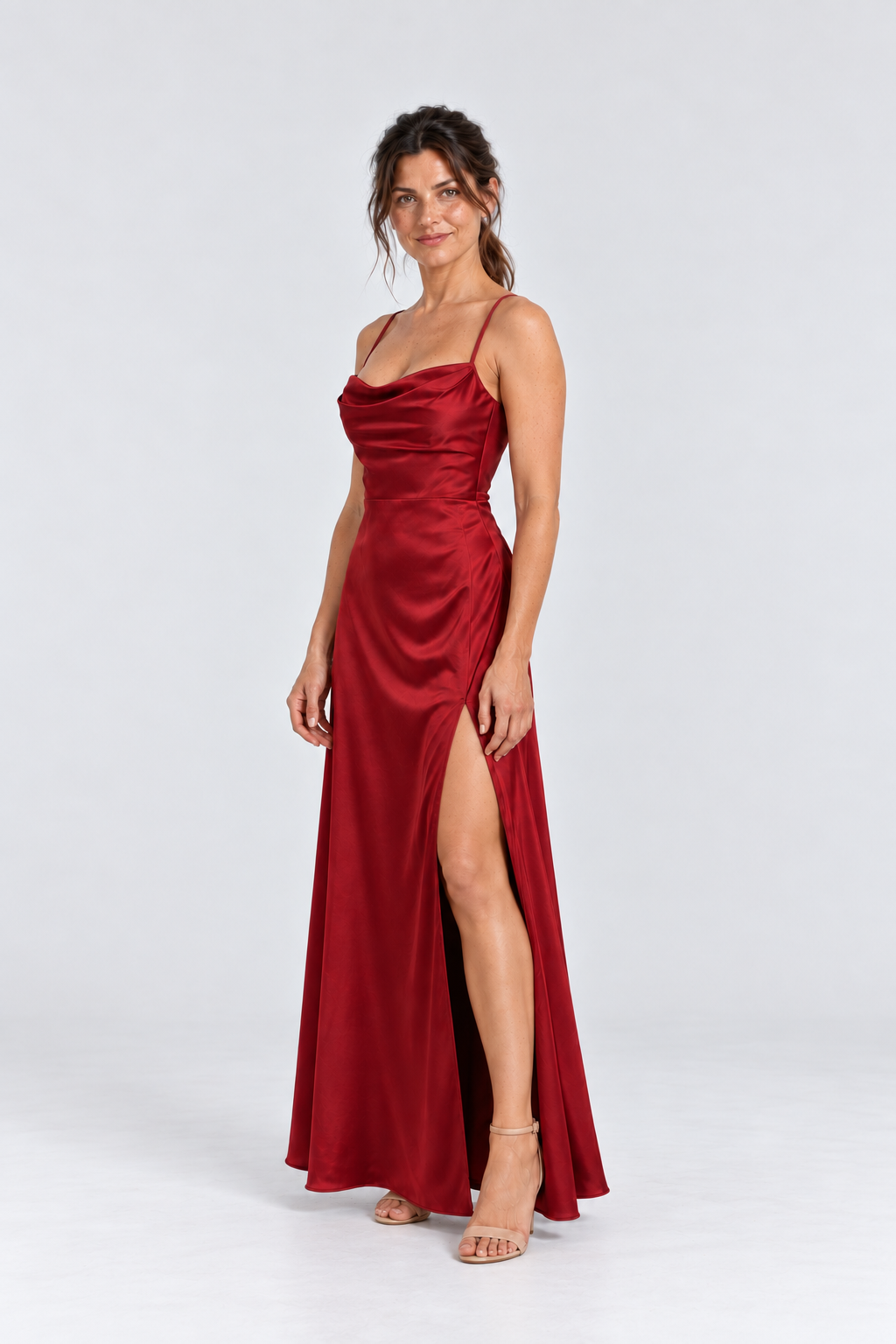 Juliette Cowl-Neck Satin Maxi Dress in Red, 45 degree view