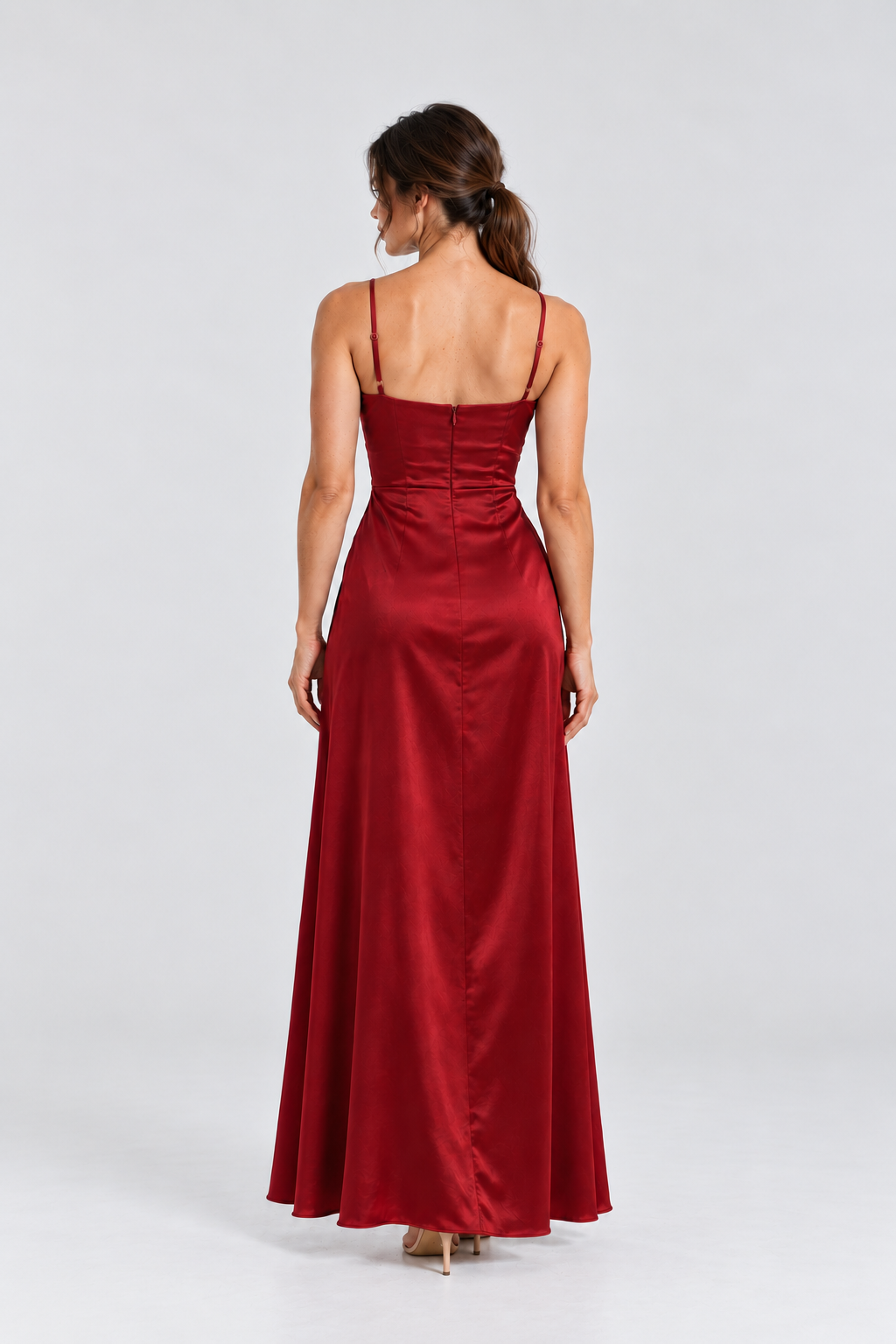 Juliette Cowl-Neck Satin Maxi Dress in Red, back view