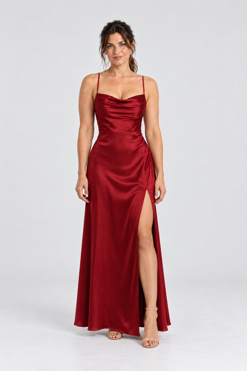 Juliette Cowl-Neck Satin Maxi Dress in Red, front view
