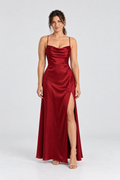 Juliette Cowl-Neck Satin Maxi Dress in Red, front view