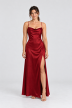 Juliette Cowl-Neck Satin Maxi Dress in Red, front view