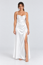 Juliette Cowl-Neck Satin Maxi Dress in White, front view