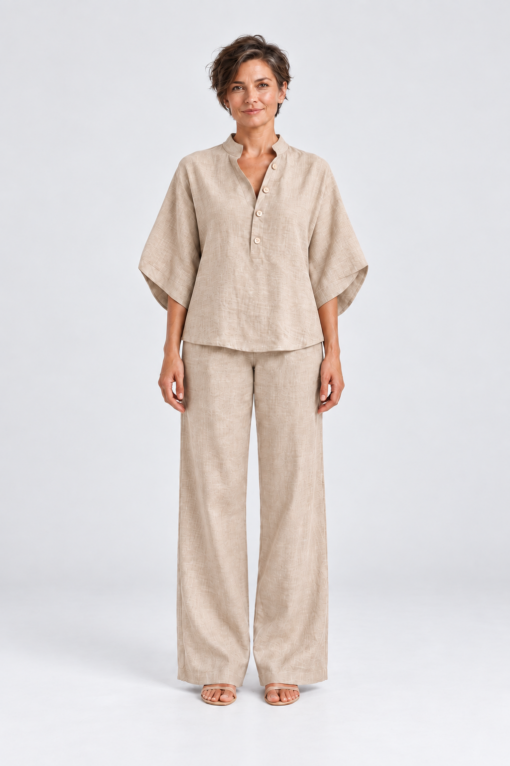 Maren Linen Shirt & Wide-Leg Pant Set in Beige, front view