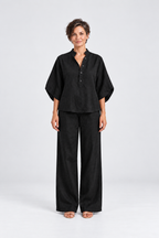 Maren Linen Shirt & Wide-Leg Pant Set in Black, front view