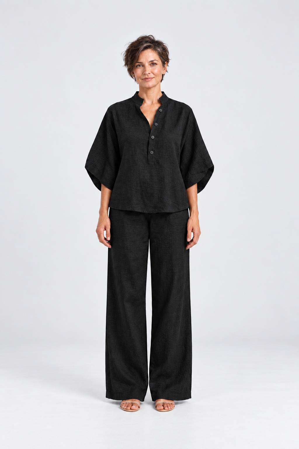 Maren Linen Shirt & Wide-Leg Pant Set in Black, front view