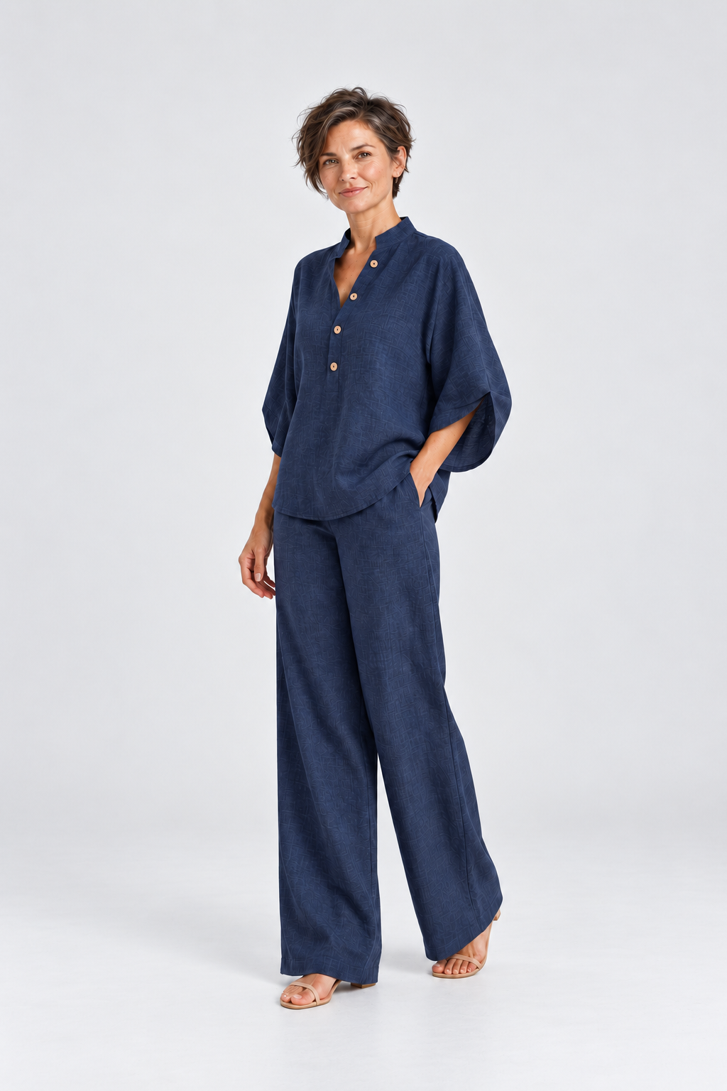Maren Linen Shirt & Wide-Leg Pant Set in Blue, 45 degree view