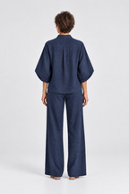 Maren Linen Shirt & Wide-Leg Pant Set in Blue, back view