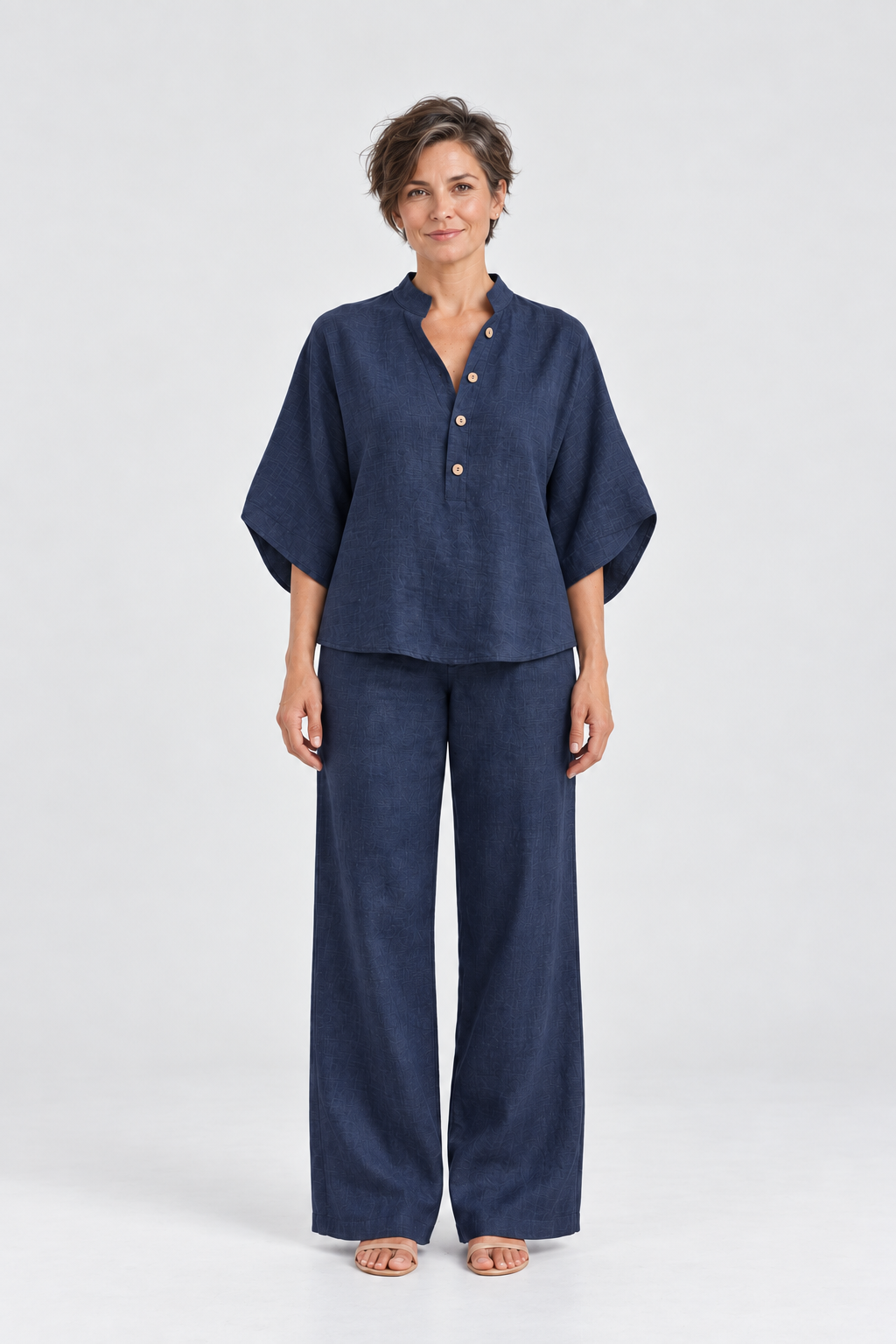 Maren Linen Shirt & Wide-Leg Pant Set in Blue, front view