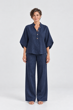 Maren Linen Shirt & Wide-Leg Pant Set in Blue, front view