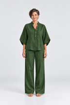 Maren Linen Shirt & Wide-Leg Pant Set in Green, front view