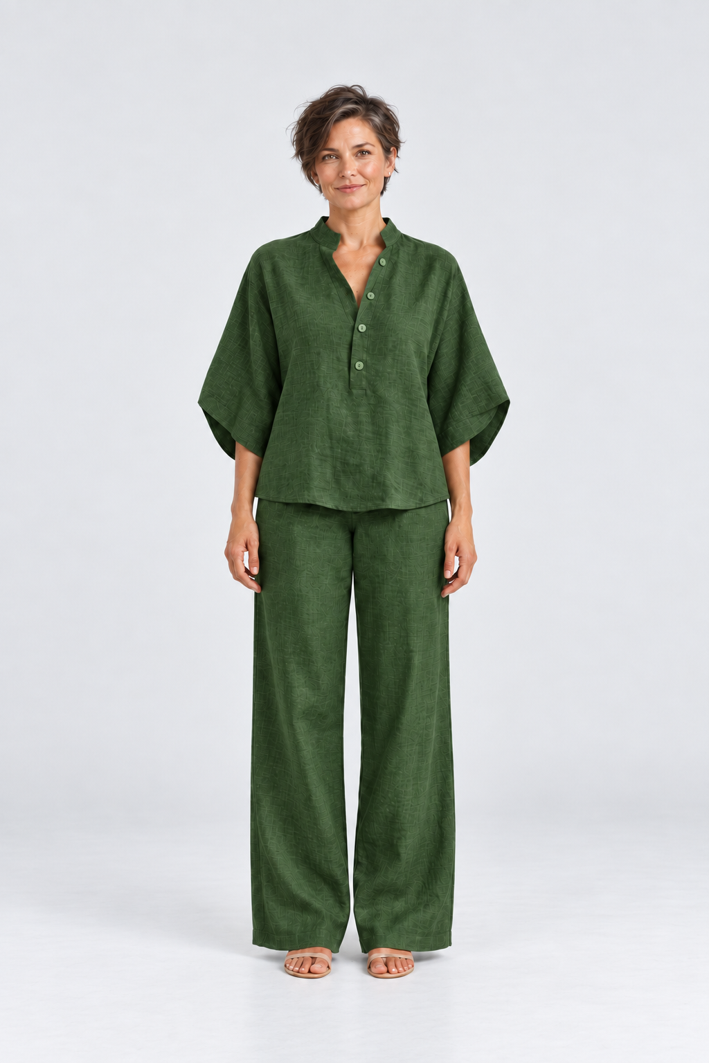 Maren Linen Shirt & Wide-Leg Pant Set in Green, front view