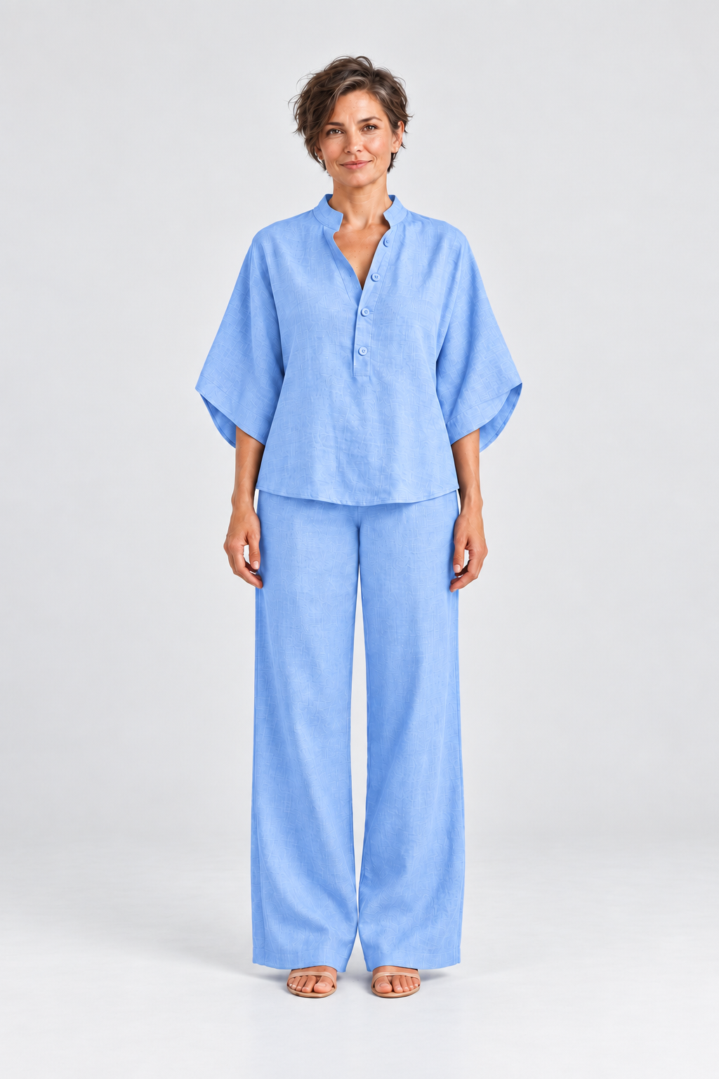 Maren Linen Shirt & Wide-Leg Pant Set in Light Blue, front view