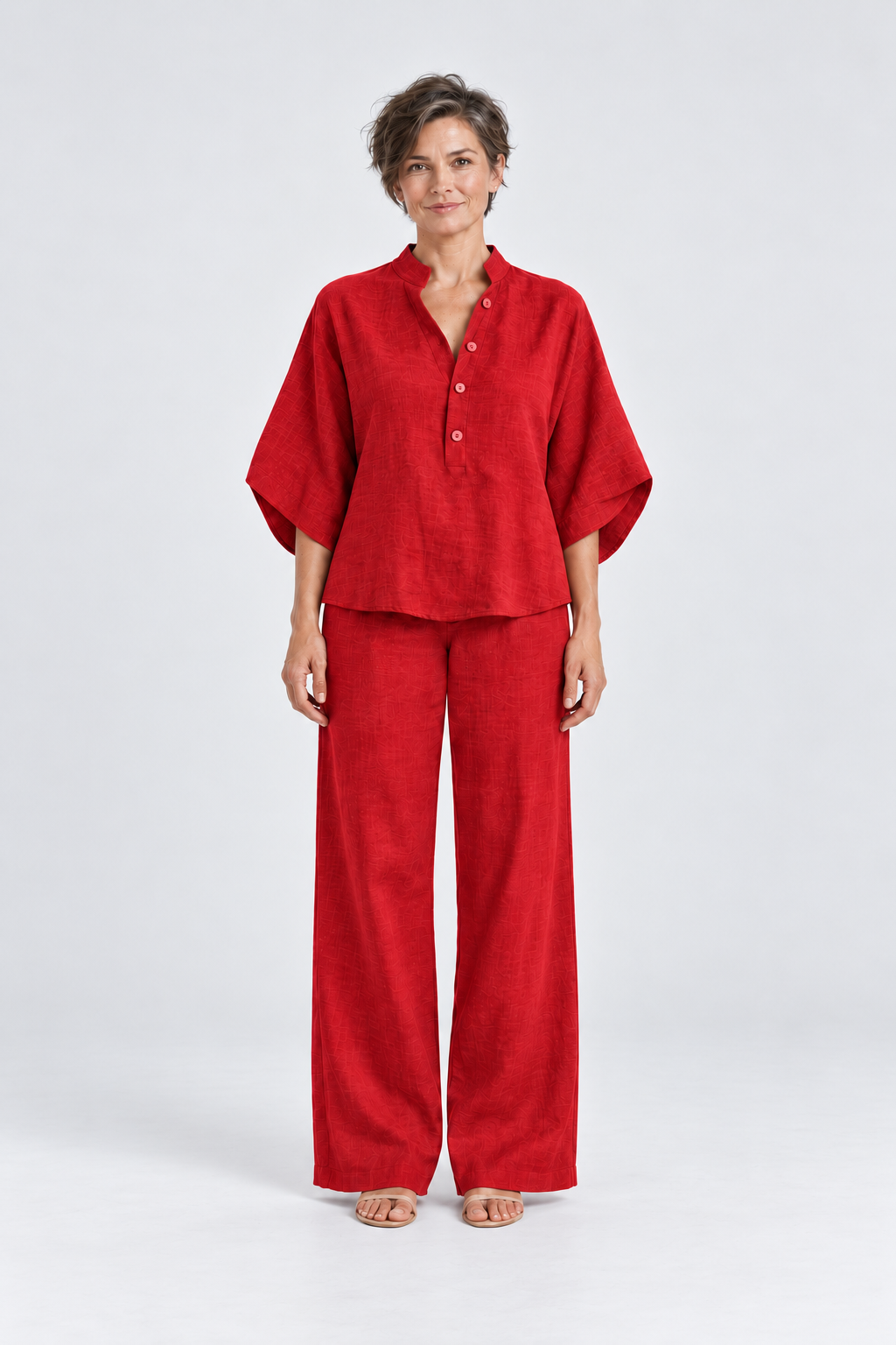 Maren Linen Shirt & Wide-Leg Pant Set in Red, front view