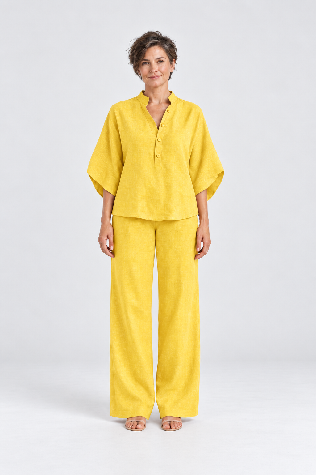 Maren Linen Shirt & Wide-Leg Pant Set in Yellow, front view
