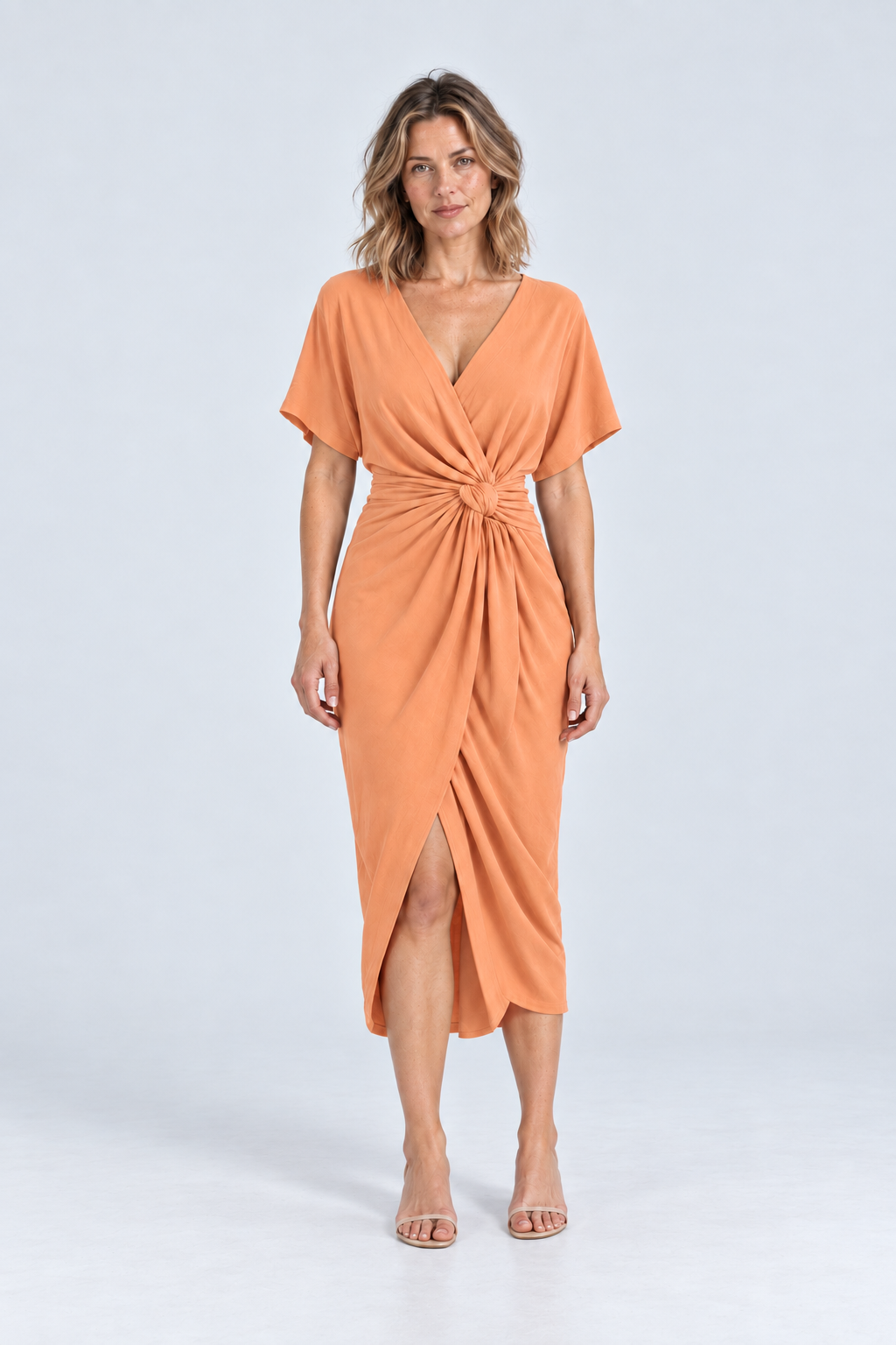 Amara Twist-Front Midi Dress in Apricot, front view