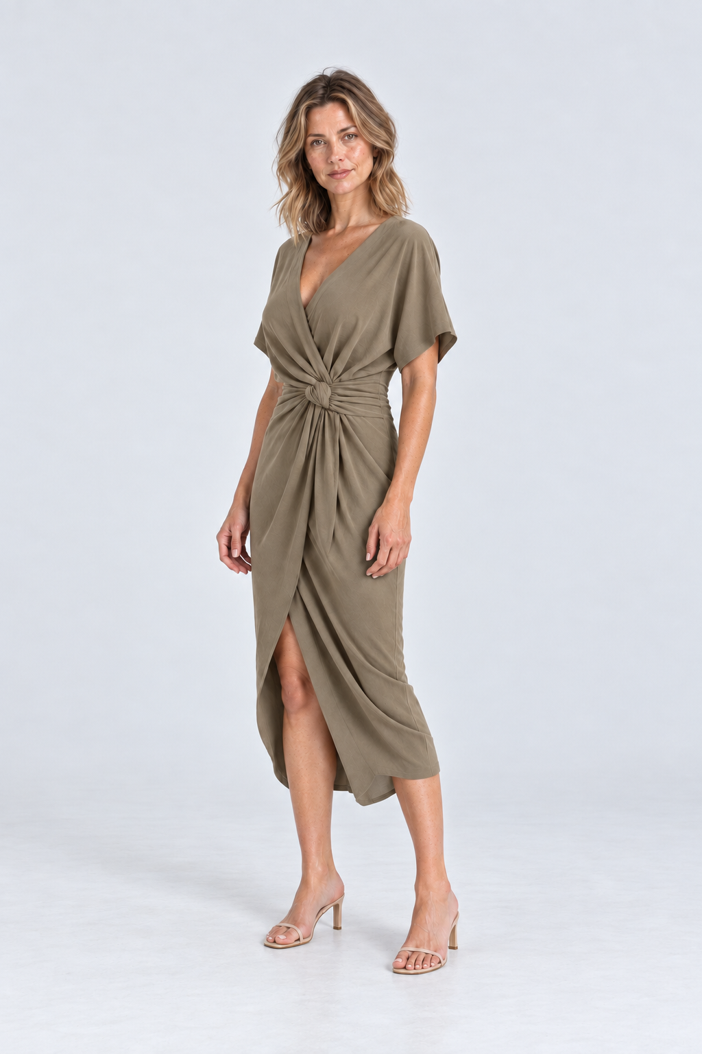 Amara Twist-Front Midi Dress in Khaki, 45 degree view