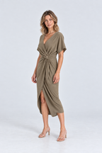 Amara Twist-Front Midi Dress in Khaki, 45 degree view