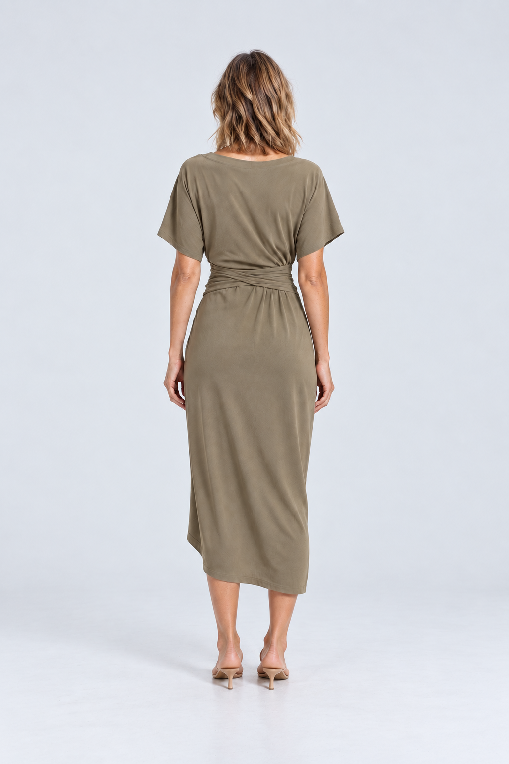 Amara Twist-Front Midi Dress in Khaki, back view