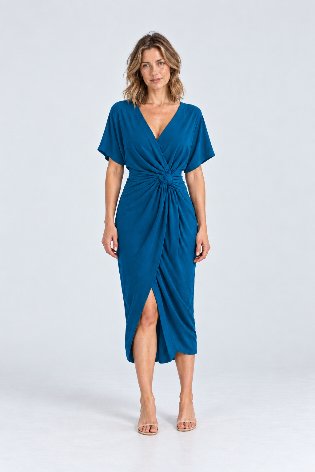 Amara Twist-Front Midi Dress in Peacock Blue, front view