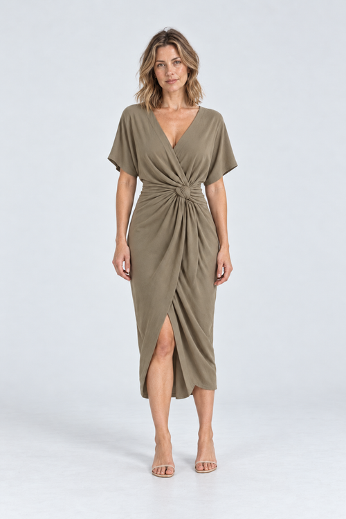 Amara Twist-Front Midi Dress in Khaki, front view