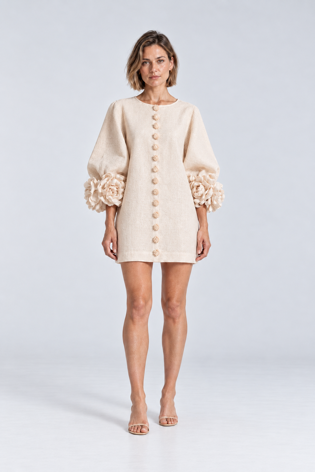 Aurelia Floral-Cuff Mini Dress in Beige, front view