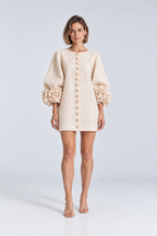 Aurelia Floral-Cuff Mini Dress in Beige, front view