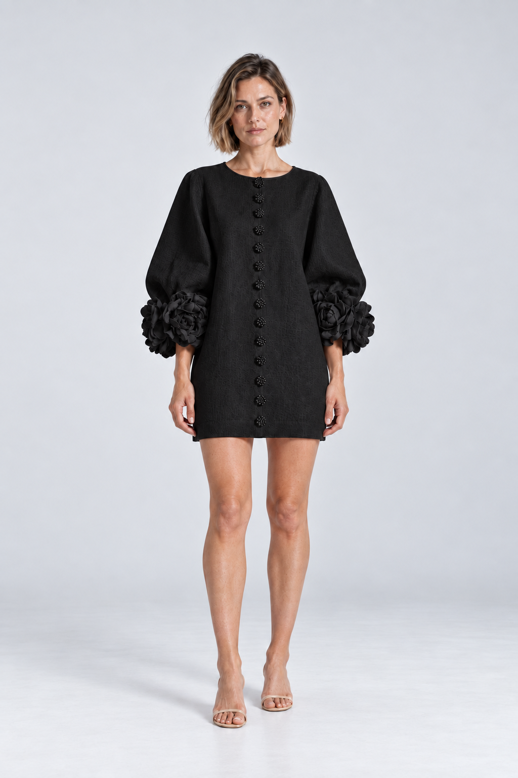 Aurelia Floral-Cuff Mini Dress in Black, front view