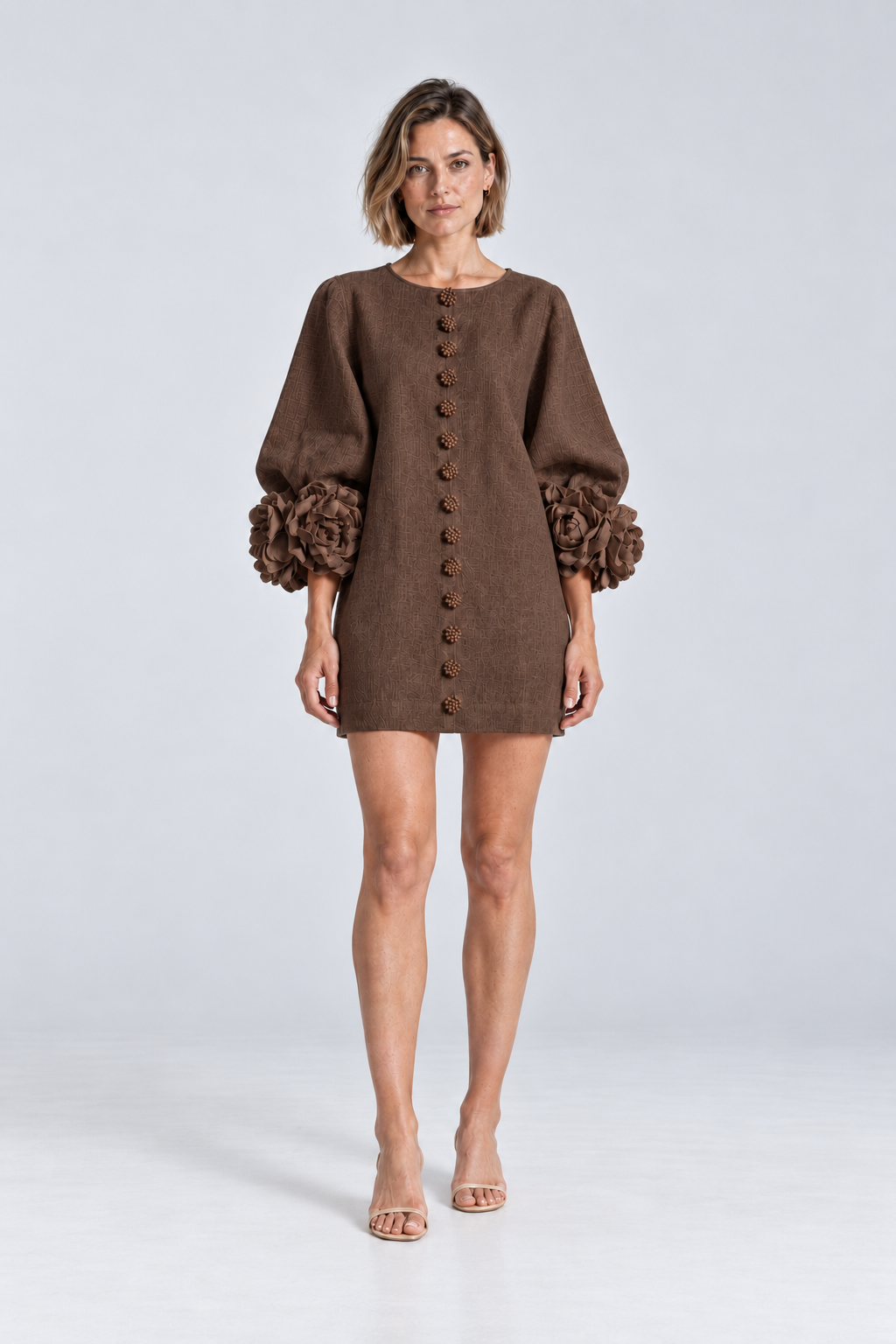 Aurelia Floral-Cuff Mini Dress in Brown, front view