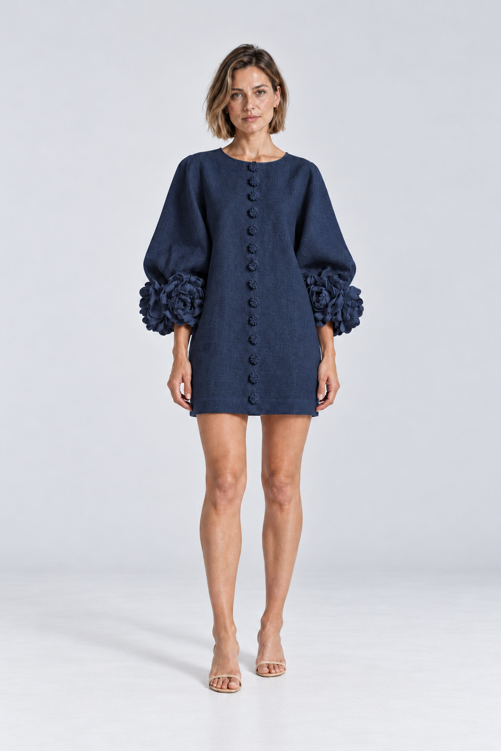 Aurelia Floral-Cuff Mini Dress in Navy Blue, front view
