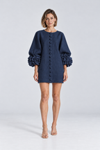 Aurelia Floral-Cuff Mini Dress in Navy Blue, front view