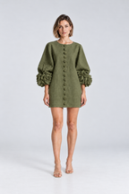 Aurelia Floral-Cuff Mini Dress in Olive Green, front view