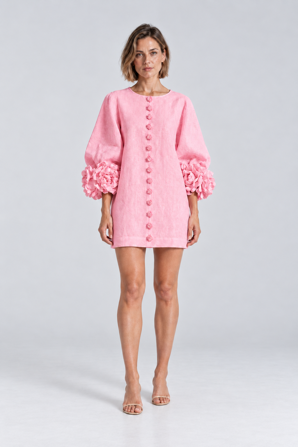 Aurelia Floral-Cuff Mini Dress in Pink, front view