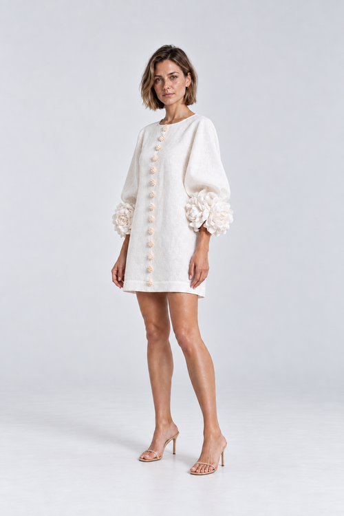 Aurelia Floral-Cuff Mini Dress in White, 45 degree view